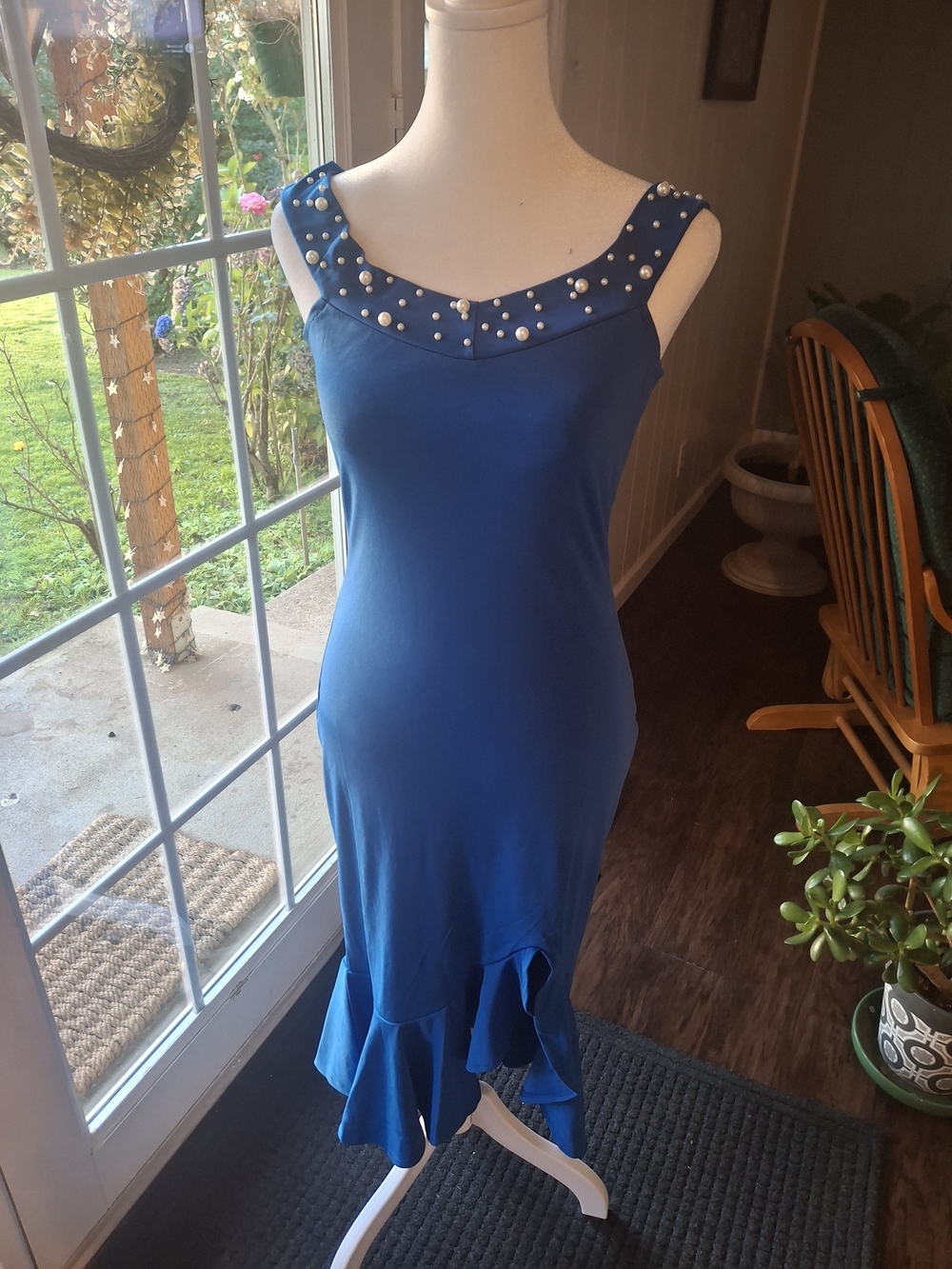 Pearl-Trim Royal Blue Maxi Dress with Flounce Hem